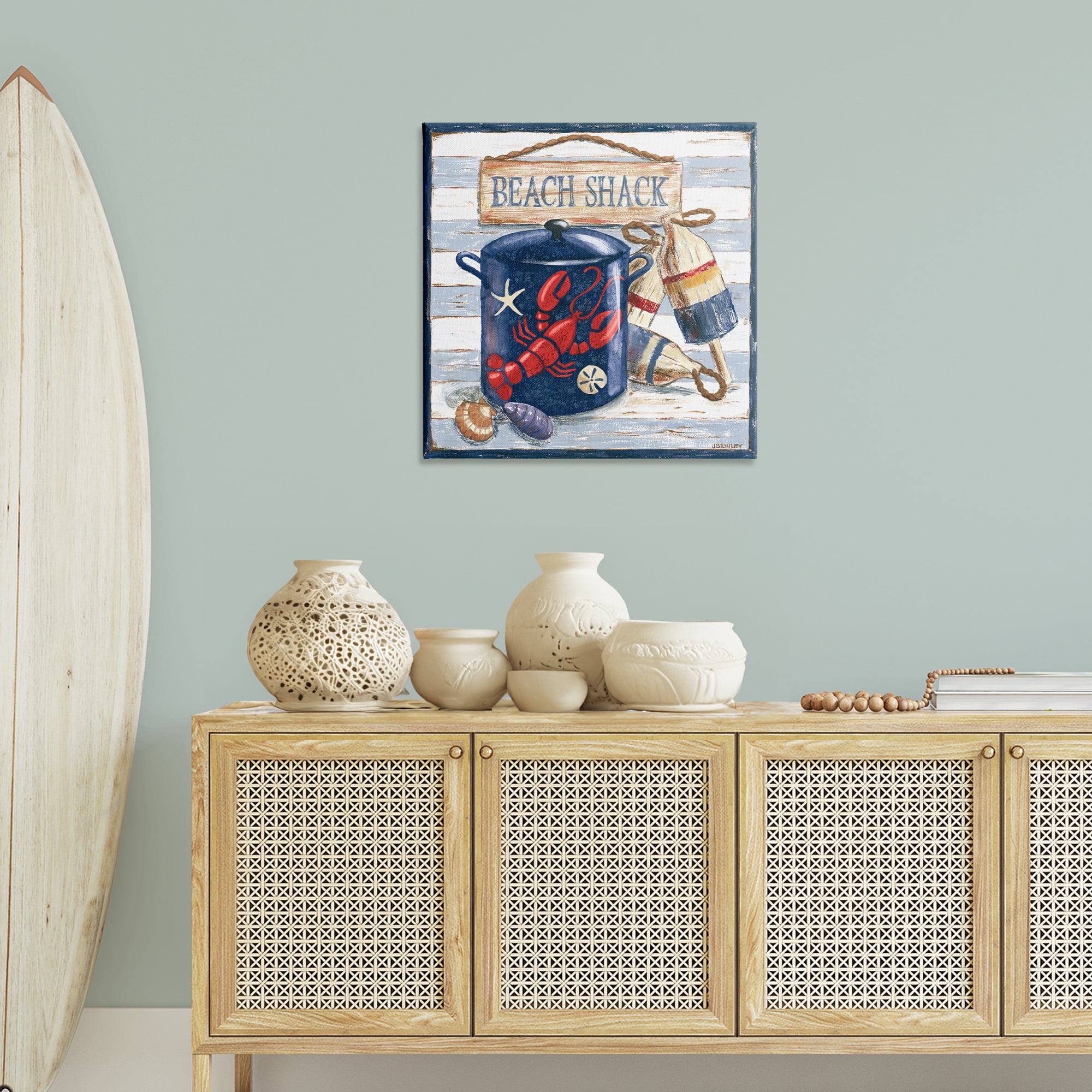 Stupell Industries Beach Shack on Stripes Nautical & Beach Painting Wrapped Canvas Art Print Wall Art, 30 x 30