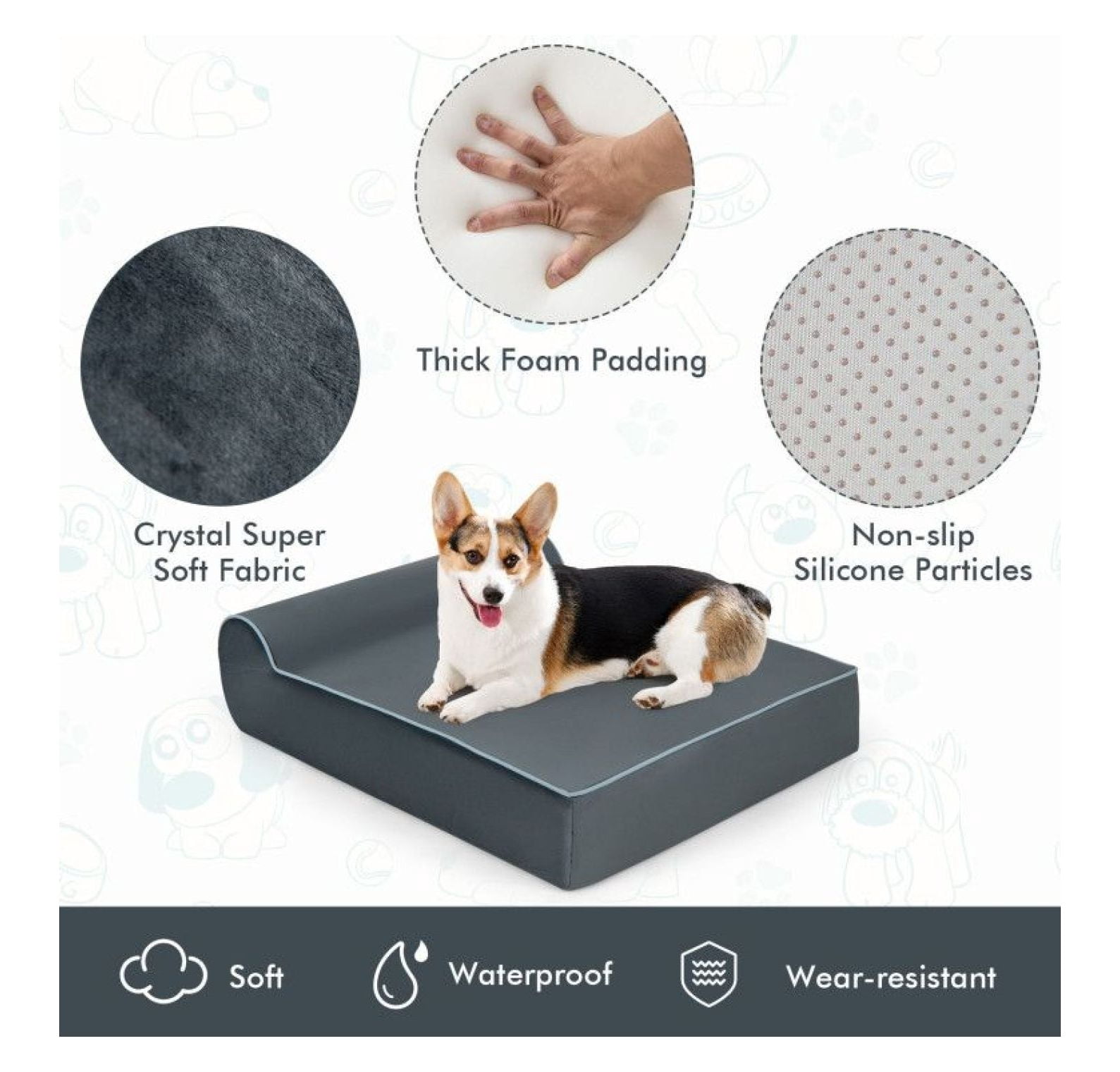 Orthopedic Dog Bed with Headrest - Graphene Memory Foam Large Dog Bed - Removable Washable Cover - Bolster Pillow for Joint Pain Relief & Support