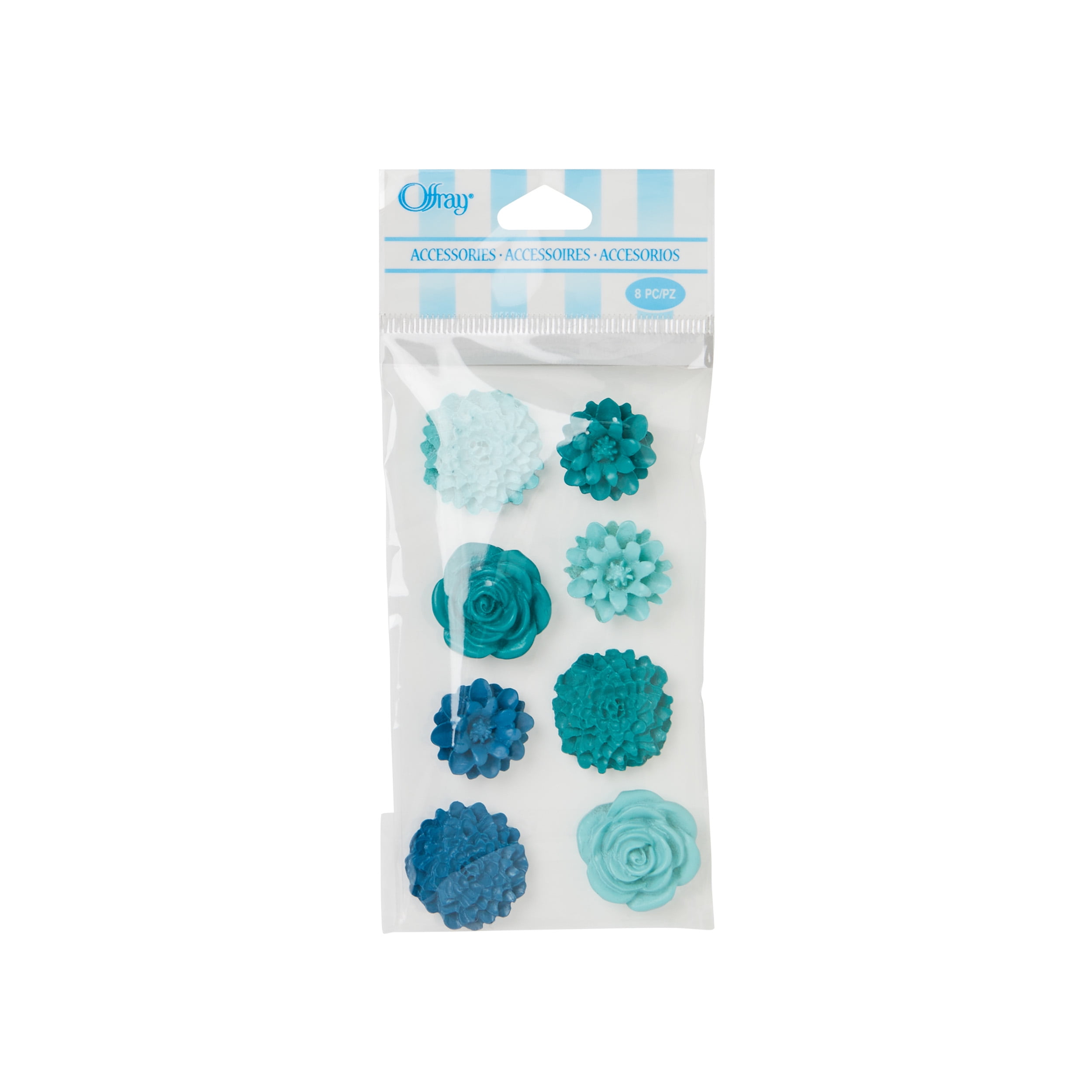 (3 pack) Offray turquoise tin yard resin flower accents are great for wedding, hair clips, scrapbooking, and other craft projects, 8 count, 1 package