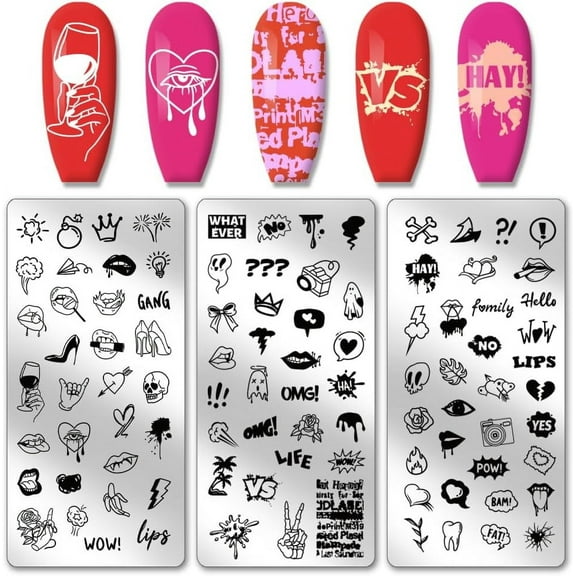 1Set 3pcs Love Heart Lips Nail Stamper 96 Patterns Nail Stamping Plate Greetings Comic Phrases Nail Art Stencils Stainless Steel Nail Image Plates for Nail Art Design Print Manicure Salon