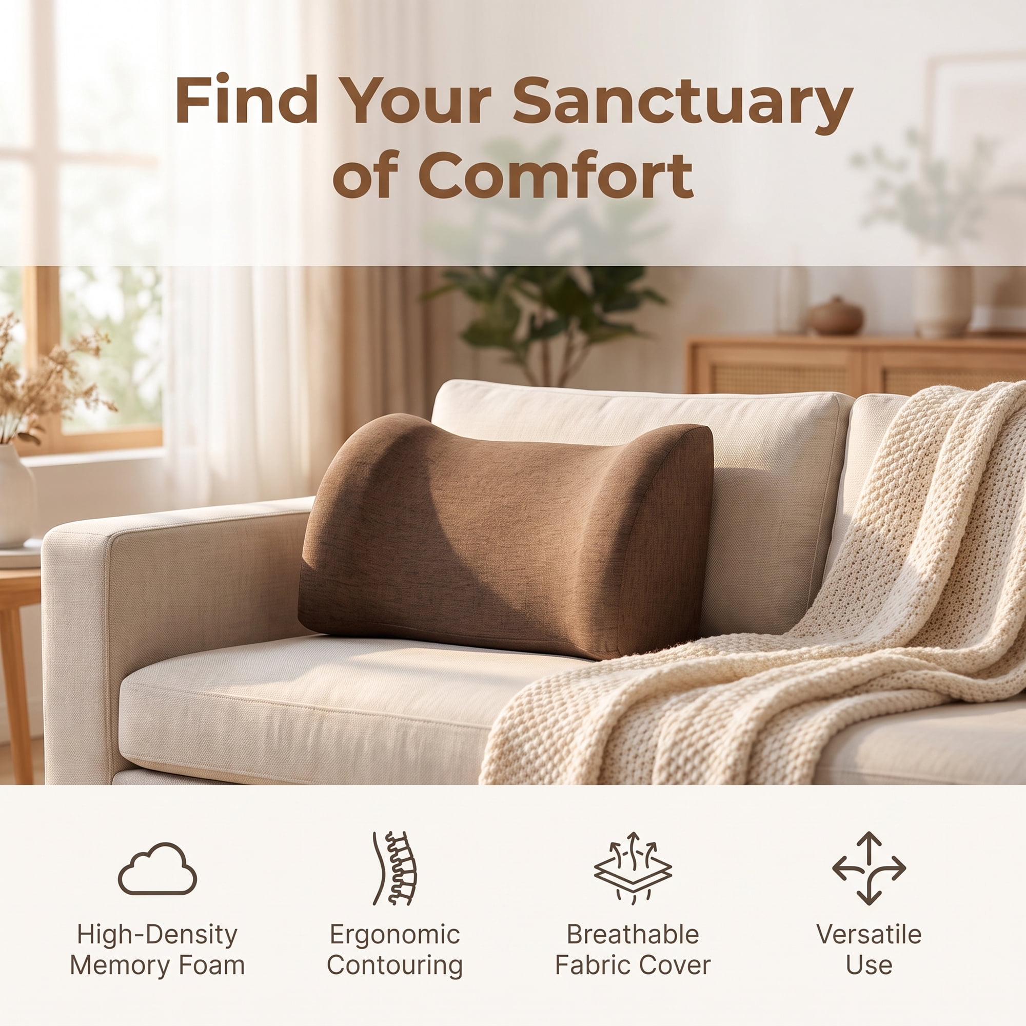 Unique Bargains Lumbar Support Pillow Cotton Back Support Coffee Brown 17.7" x 7.5" x 11"