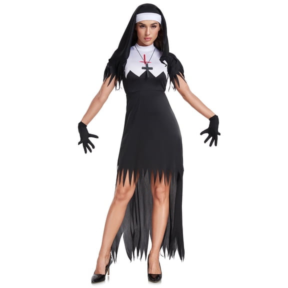Scary Nun Costume Gothic Dress Outfit with Cross Necklace and Veil for Halloween Cosplay Party