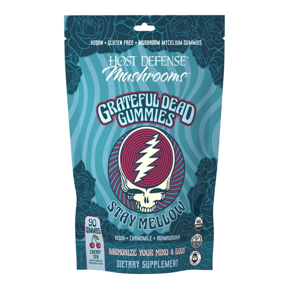 Host Defense Stay Mellow Grateful Dead Gummies - Reishi Mushroom Gummies with Ashwagandha, Chamomile & Lions Mane - Support for Stress Reduction and Relaxation, cherry, 11.04 ounces, 30 servings