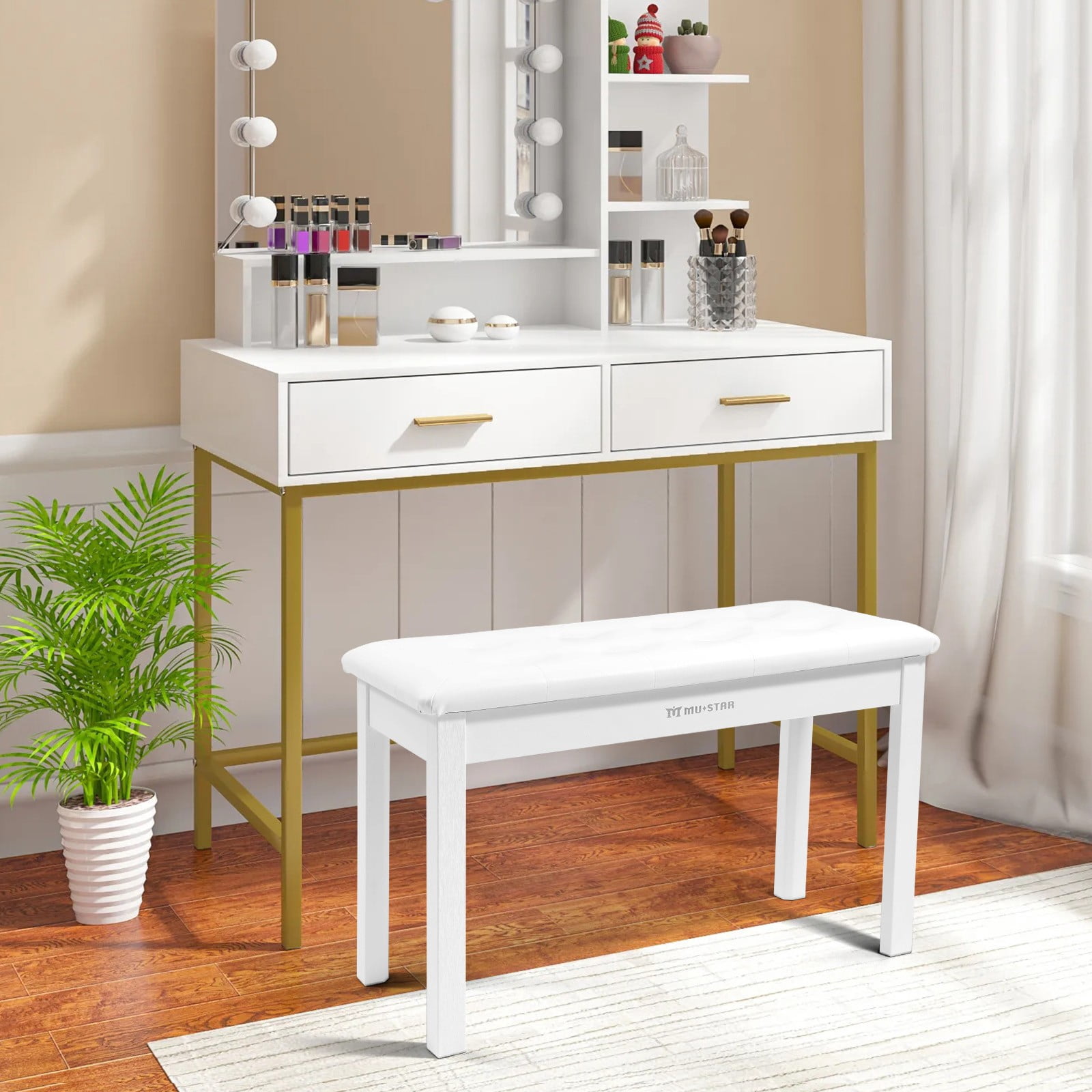 Mustar Duet Piano Bench Wood Stool with Storage, Padded Cushion for Keyboard Piano (White)