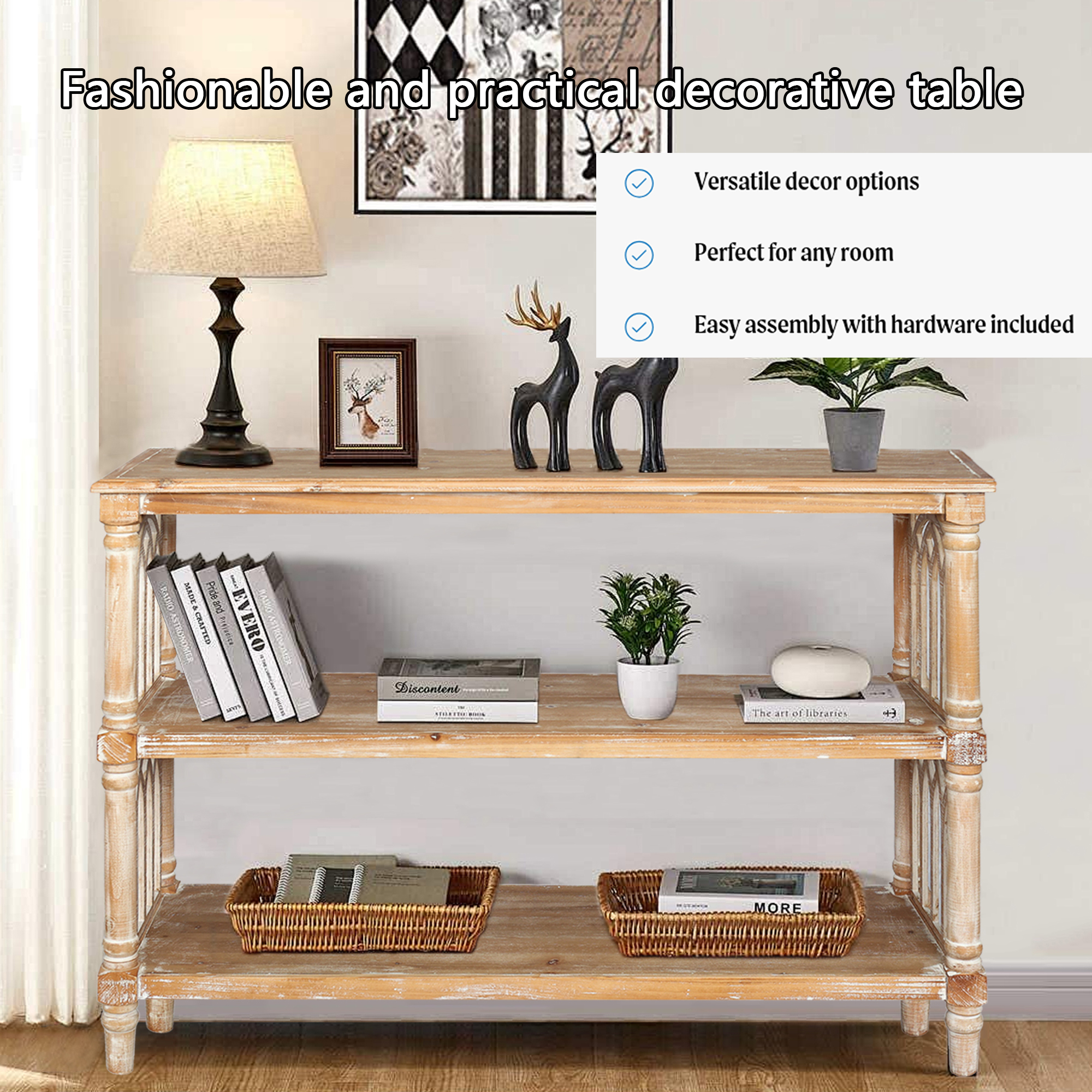 MDQMD Antique 3-Tier Console Table with Storage,47.24" Natural Wood Entryway Table for Living Room & Hallway