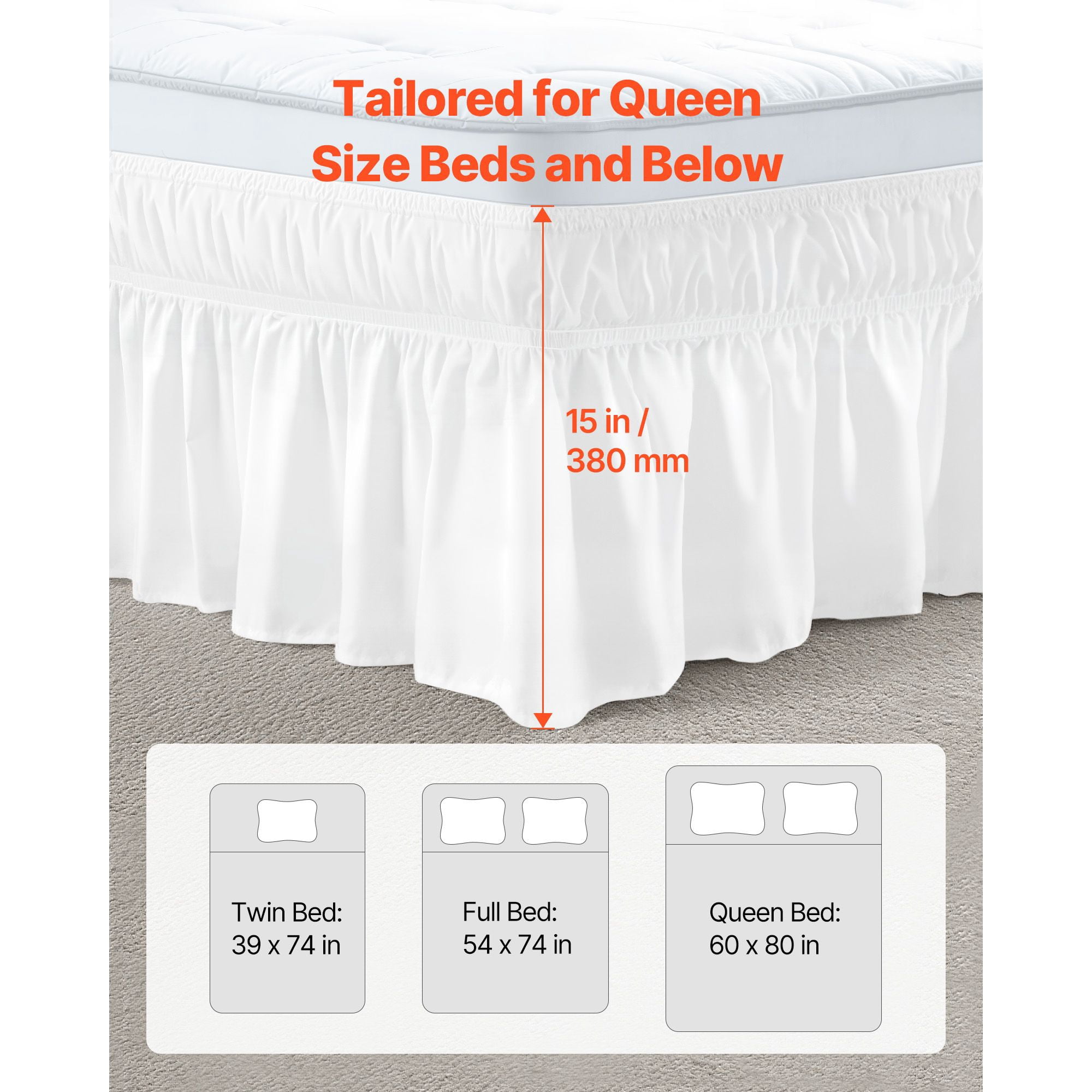 Dranite Queen Size Wrap Around Bed Skirt, 15 Inch Drop, White Adjustable 3-Side Dust Ruffle with Elastic Straps - Wrinkle & Fade Resistant, Machine Washable