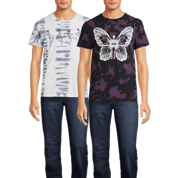 Butterfly and Dancing Skeletons Men's & Big Men's Tie Dye Graphic T-Shirts, 2-Pack