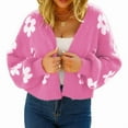 thumbnail image 3 of Women'S Cute Daisy Cropped Knitted Cardigand Open Front Long Sleeve Loose Sweater Jackets Outwear Rose Red L, 3 of 9