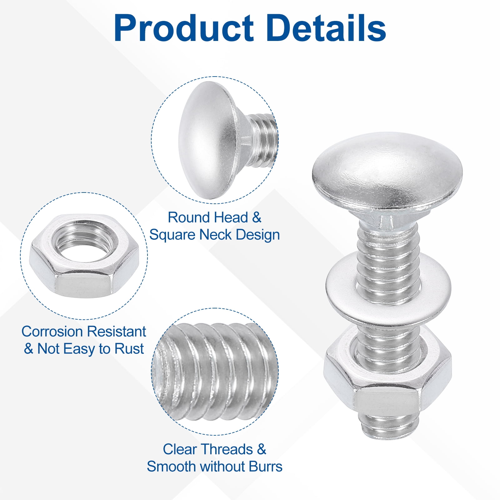12 Set Carriage Bolts and Nuts Kit, 1/2"-13x2" Stainless Steel 304 Round Head Square Neck Carriage Bolts Screws and Hex Nuts and Flat Washers - Silver