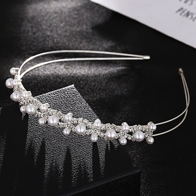 Diadema de boda con perlas, tocados de novia de doble banda plateada, accesorios para el cabello de cristal para mujer (1 unidad)