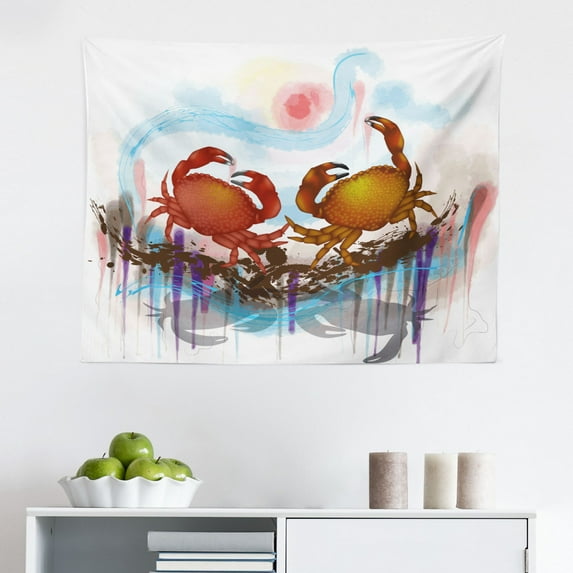 Crabs Tapestry, Illustration of Crabs Poprt Style Retro Design Print, Fabric Wall Hanging Decor for Bedroom Living Room Dorm, 2 Sizes, Pale Yellow and Orange, by Ambesonne
