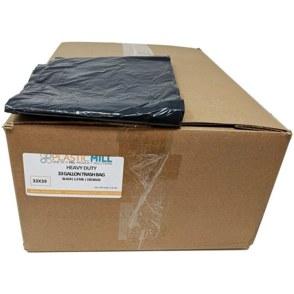 PlasticMill 33 Gallon, Black, 1.2 MIL, 33x39, 150 Bags/Case, Garbage Bags / Trash Can Liners.