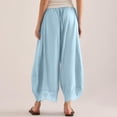 thumbnail image 4 of Cropped Lace Hem Wid Leg Pants for Women Summer High Waist Drawstring Balloon Lightweight Beach Trousers with Pockets Light Blue S, 4 of 6