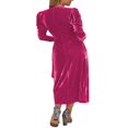 thumbnail image 4 of Femmes Velours Midi Robe Bodycon Couleur Unie V-Cou Tie-Up Robe à Manches Longues Robe de Soirée, 4 of 5