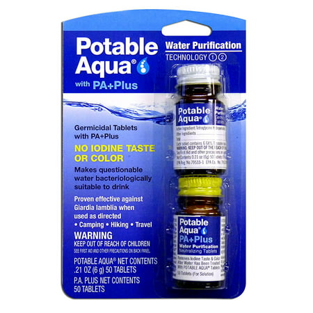 Water Purification Tablets with PA Plus - For Camping and Emergency Drinking Water, Potable Aqua tablets provide purified drinking water By Potable