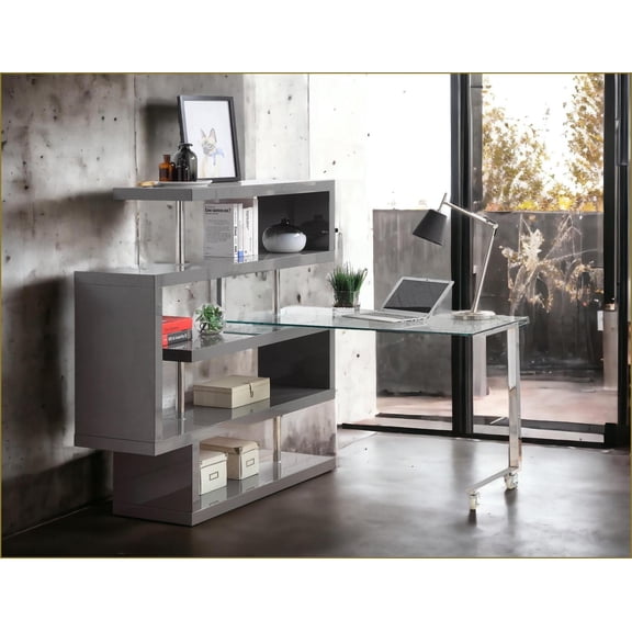 Desks | Modern Tempered Glass Writing Desk with Swivel, Shelves & Wheels | Chrome & Black High Gloss | 51” L-Shaped (Extends to 91”) | Gray | Synthetic Wood