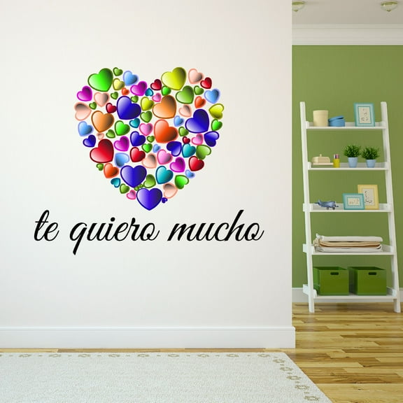 Spanish Wall Decals for Children Bedroom - Te quiro mucho Colourful Multiple Hearts with Spanish Love Saying Home Wall Sticker - Size: 10 In x 8 In
