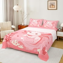 Manfei Cartoon Pink Axolotl Twin Sheet Sets for Kid, Dreamy Underwater World Twin Fitted Sheet, Kawaii Animal Flat Sheet, Luxury Bedroom Decor, 3 Pieces