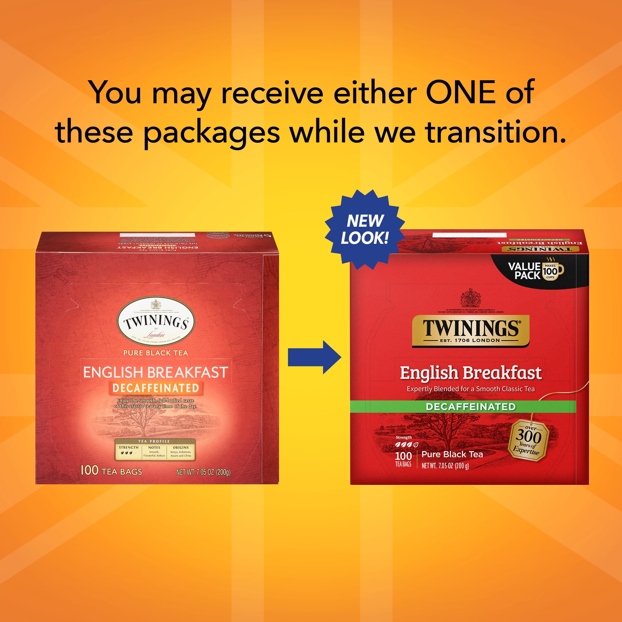 Twinings English Breakfast Decaffeinated Pure Black Tea Bags, 100 Count Box