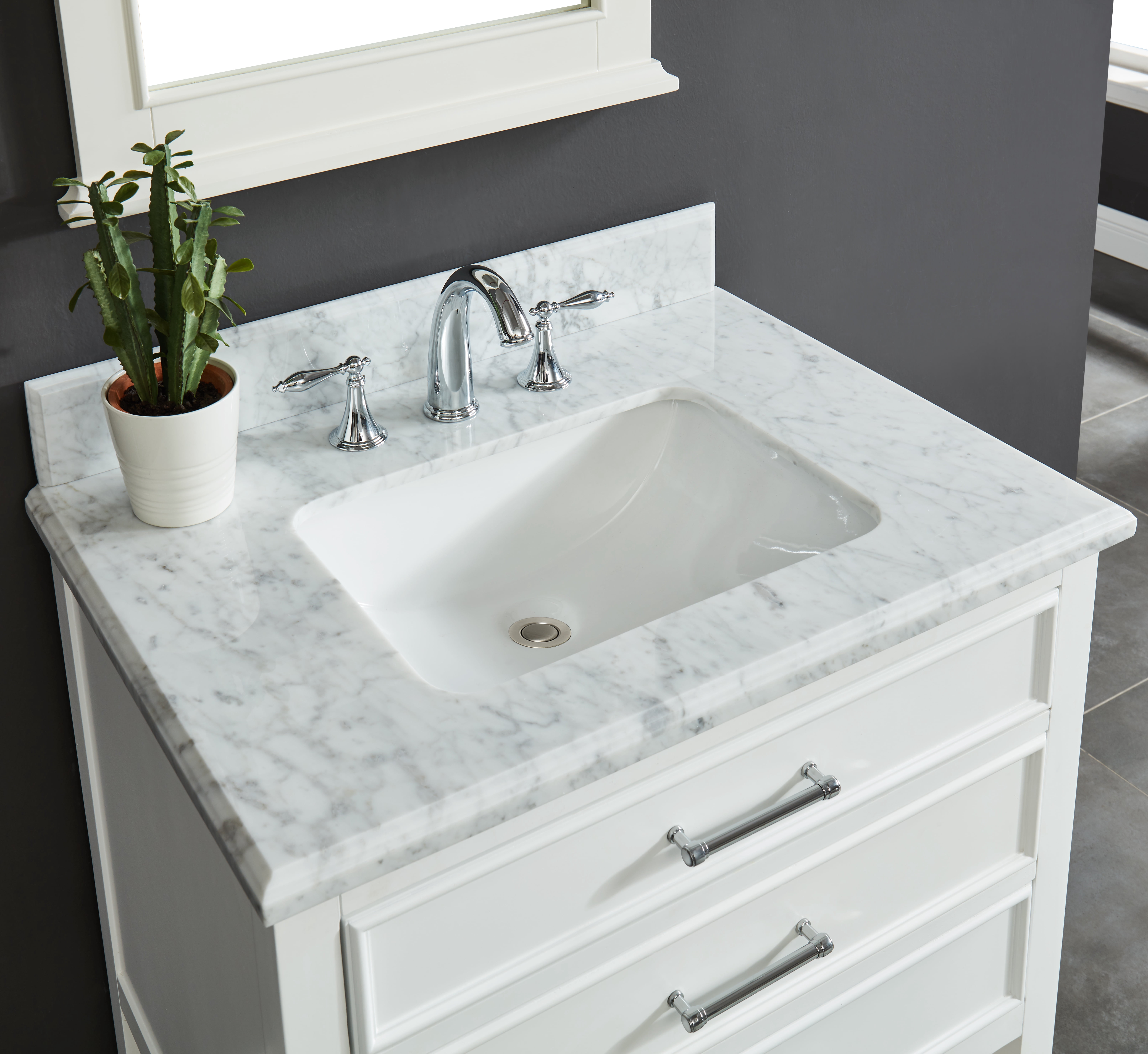 Manhattan 30" Single Bathroom Vanity, 31" W x 22" D x 34.5" H, Carrara Marble Top with Sink & Backsplash, Dove White, Solid Wood, Pre-Assembled, 3 Soft-Close Drawers, 1 Shelf