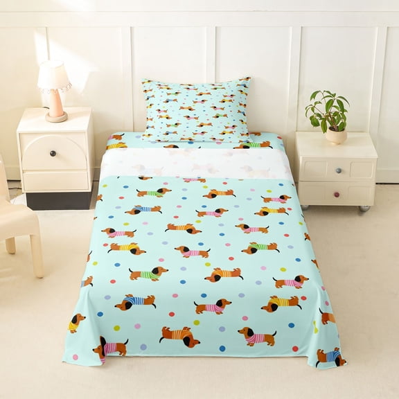 Homewish Funny Dachshund Animal Twin Sheets,Polka Dot Bedding,Light Blue,3-Piece,1 Fitted Sheet and 1 Pillowcase