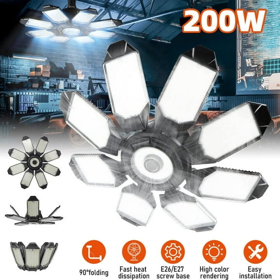 200W LED Garage Light 30000lm Deformable Ceiling Shop Light with 8 1 Adjustable Panels