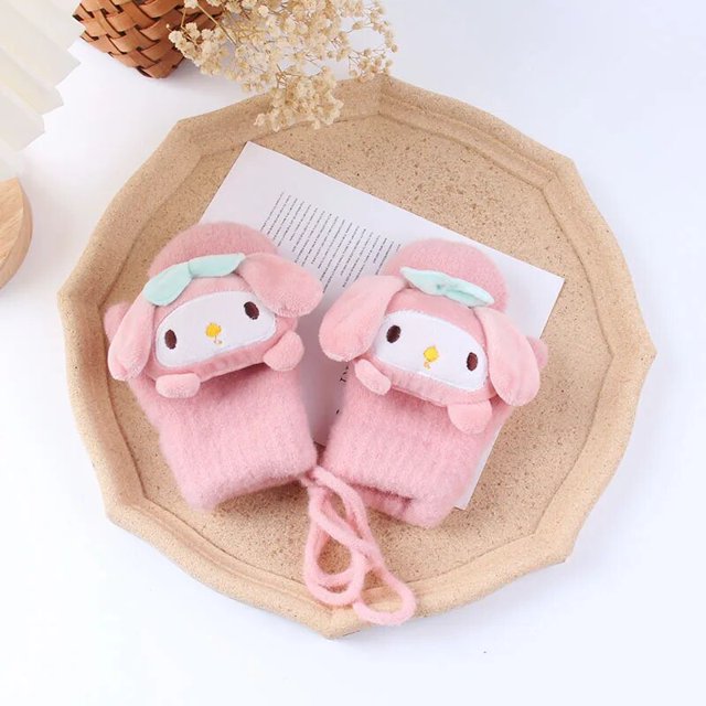 Sanrio-guantes de punto de felpa de Hello Kitty para niños, manoplas de Anime Kuromi Melody Cinnamoroll, relleno suave, envoltura cálida para niñas y niños