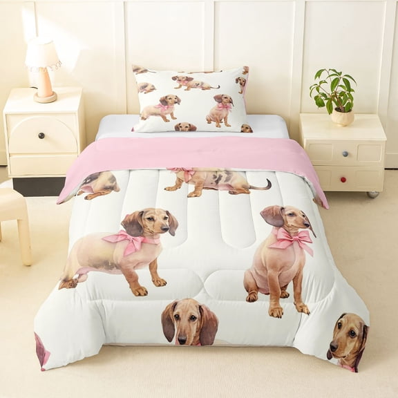 Homewish Cute Pink Bow Dachshund Twin Comforter Sets,Cartoon Animals Bedding Set,Cream,Pink Reversible,2-Piece,1 Comforter and 1 Pillowcase