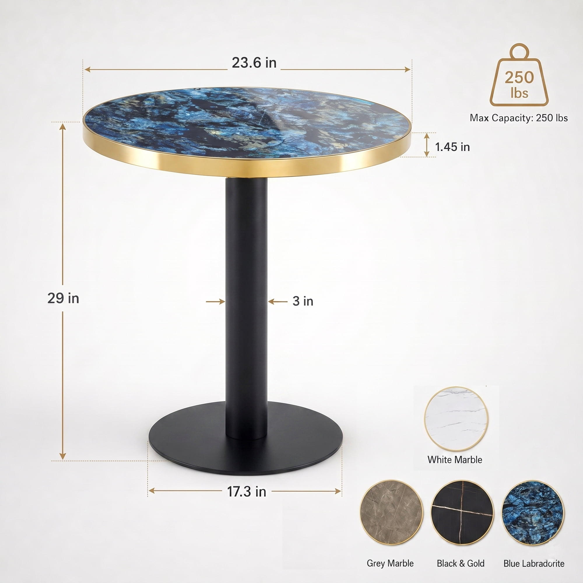 23.6" Round MDF sprayed with UV paint countertop, marble texture, stainless steel edging, metal table legs, modern light luxury edge/coffee table.