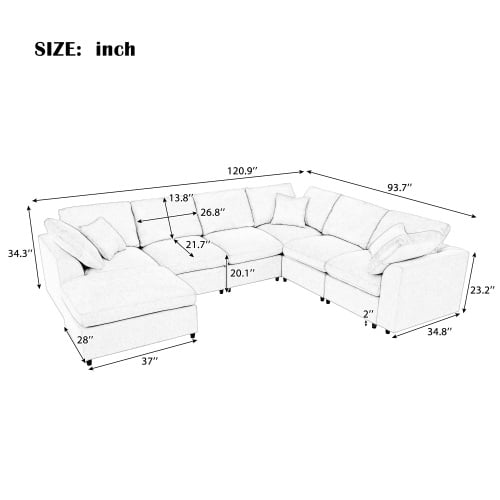 120.8" U_Style Extra Large 7-Seater L-Shape Modular Sectional Sofa with Movable Ottoman, Plush Chenille Fabric, Solid Pine Wood Frame for Living Room and Office, Gray