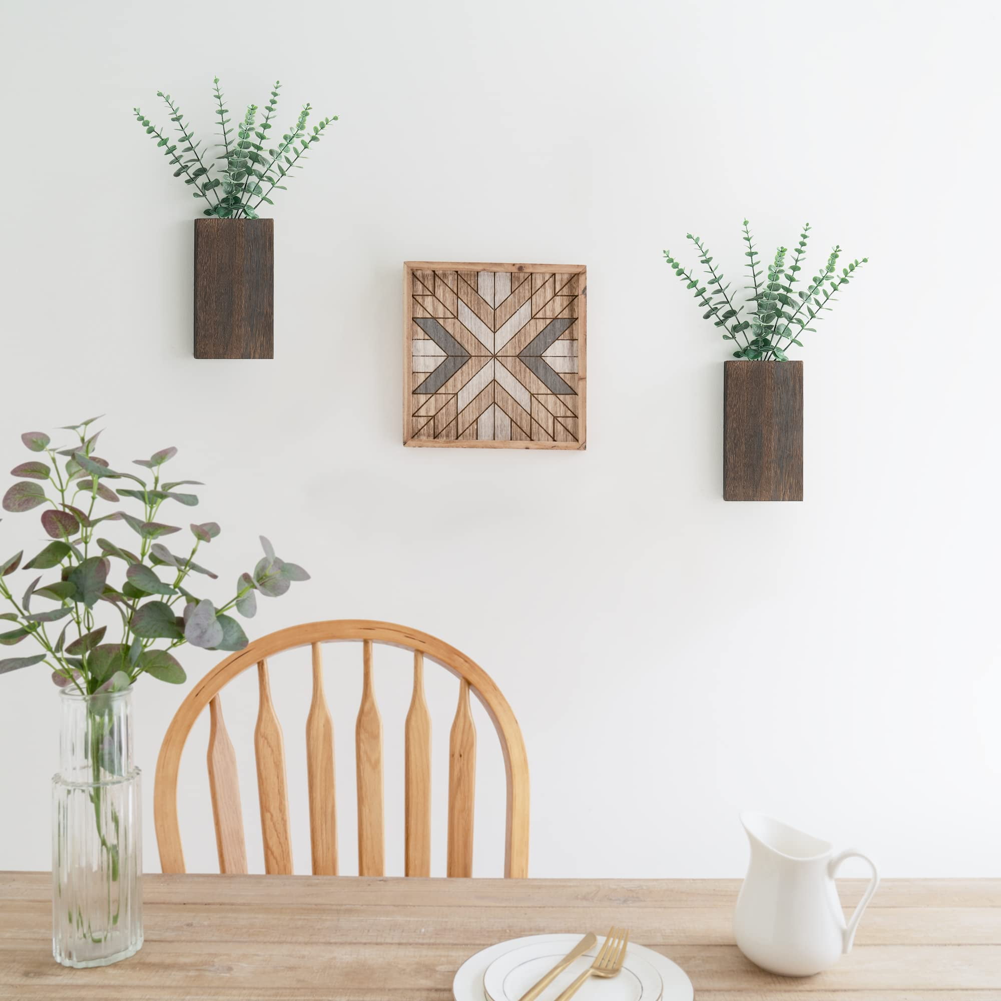 2 Pack Wood Wall Planter Vase with Artificial Eucalyptus Farmhouse Wall Hanging Decor Pocket Planter for Indoor Fake Plants Greenery Flowers, Livingroom Bedroom Kitchen Home Office Decoration, Brown