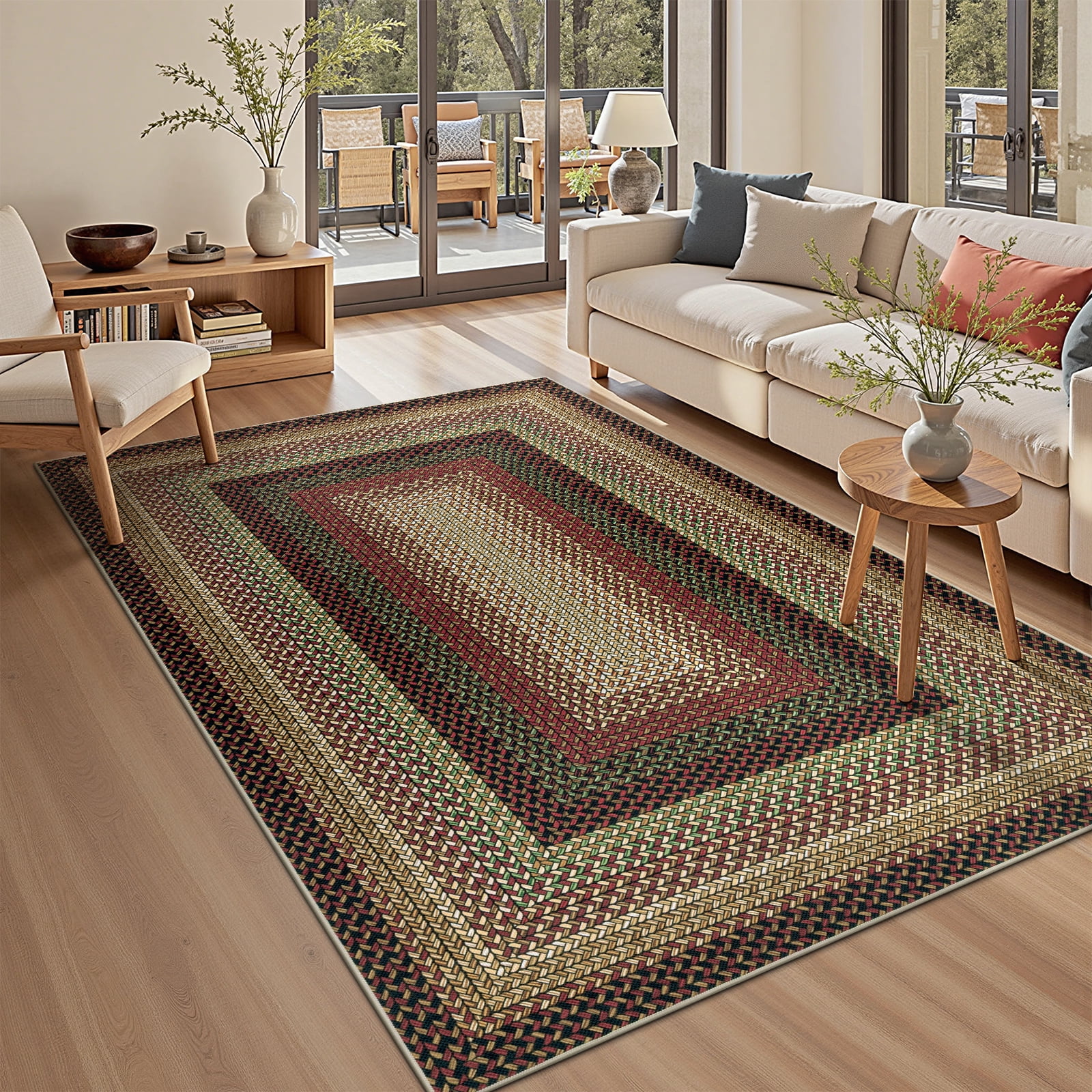 5' x 8' Braided Jute Print Area Rug Washable Non-Slip Pet Friendly Carpet with Concentric Design, Stain Resistant for Living Room, Bedroom & Home Office