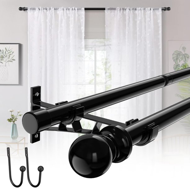 Barras de cortina dobles negras para ventanas de 30 a 150 pulgadas con soportes y clip, barra de cortina doble de 1 pulgada, ajustable para ventana, b