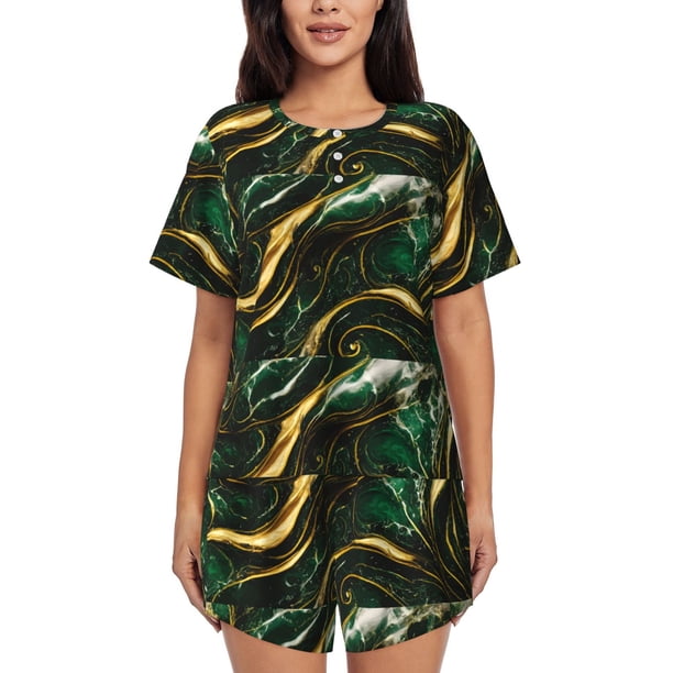 Fotbe Green Marble Conjunto de Pijama Estampado para Mujer, 2 Piezas, Ropa de Dormir con Camiseta de Manga Corta y Shorts Suaves-Large