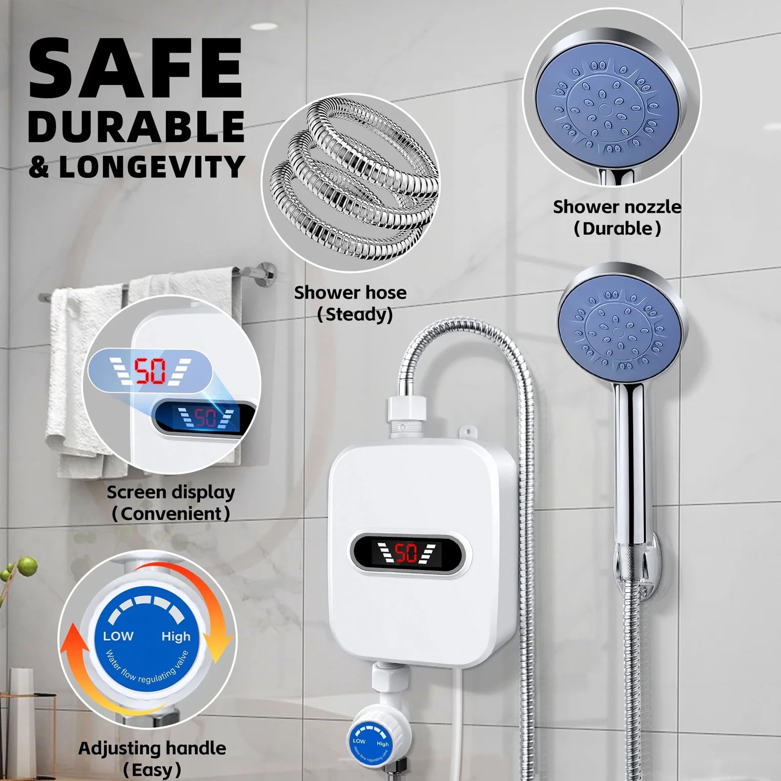 Electric Tankless Water Heater with Shower Head Set, 3500W Portable Electric Instant Hot Water Heater for Shower, LCD Display On Demand Mini Water Heater for Kitchen, Bathroom, Camping & RV