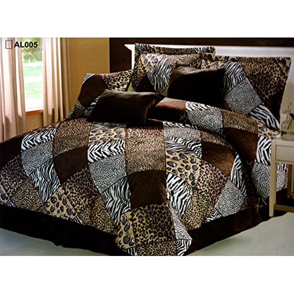 7 Piece King Size Safari Comforter Set - Zebra, Giraffe, Leopard, Tiger Etc - Multi Animal Print Bed in a Bag Brown Beige Black White Micro Fur Bedding