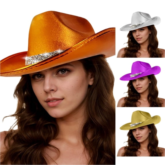 XIAOCHA Women's Metallic‑Finish Rhinestone‑Band Cowboy Hat Solid Night‑Party Cowgirl Hat,Orange