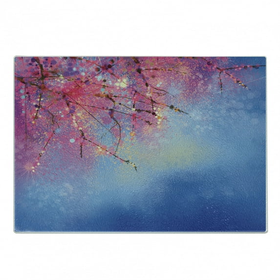 Flower Cutting Board, Sakura Branches Hangs down from Tree Branch Dramatic Night Oriental Plant Image Art, Decorative Tempered Glass Cutting and Serving Board, Small Size, Pink Blue, by Ambesonne