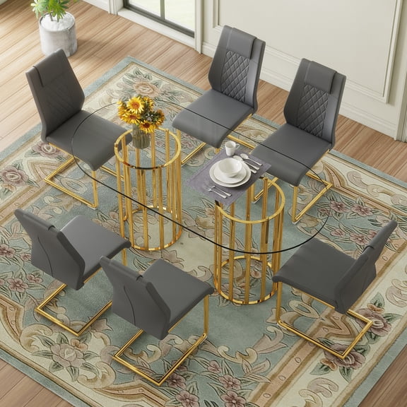 Table and chair set.71 inch oval tempered glass dining table,gold double column light luxury style,Dark Gray High-quality PU Chairs With Golden Arched Metal Legs,Modern Table & 6 Seater Furniture Set