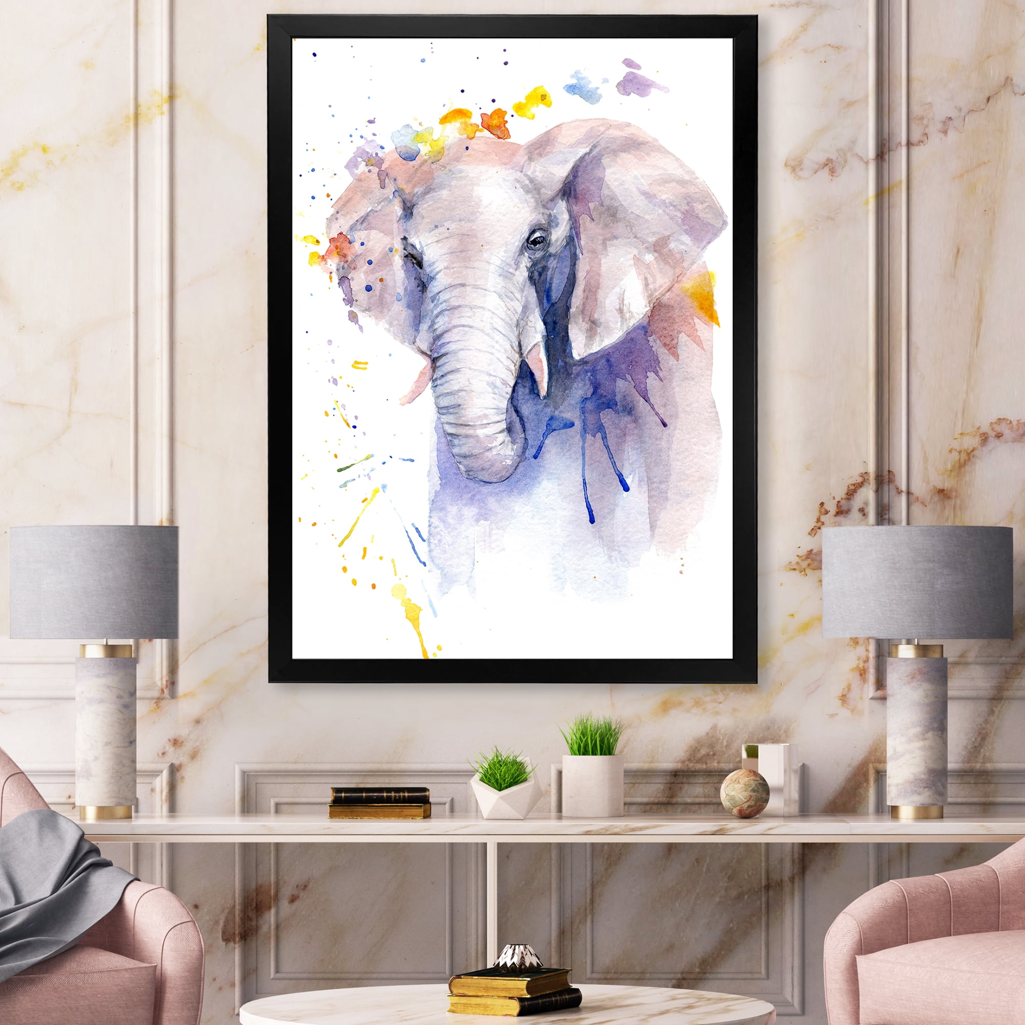 Designart 'Portrait of An Elephant Yellow and Blue Strokes' Farmhouse Framed Art Print
