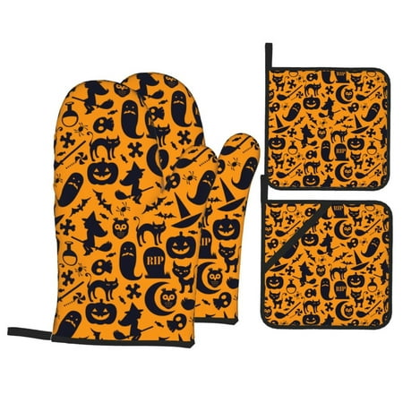 

Oven Mitts and Pot Holders 4 Piece halloween cat owls witch High Heat Slip Resistant Oven Mitt and Trivets Set Kitchen Oven Glove Pot Holders for Cooking Baking Grilling