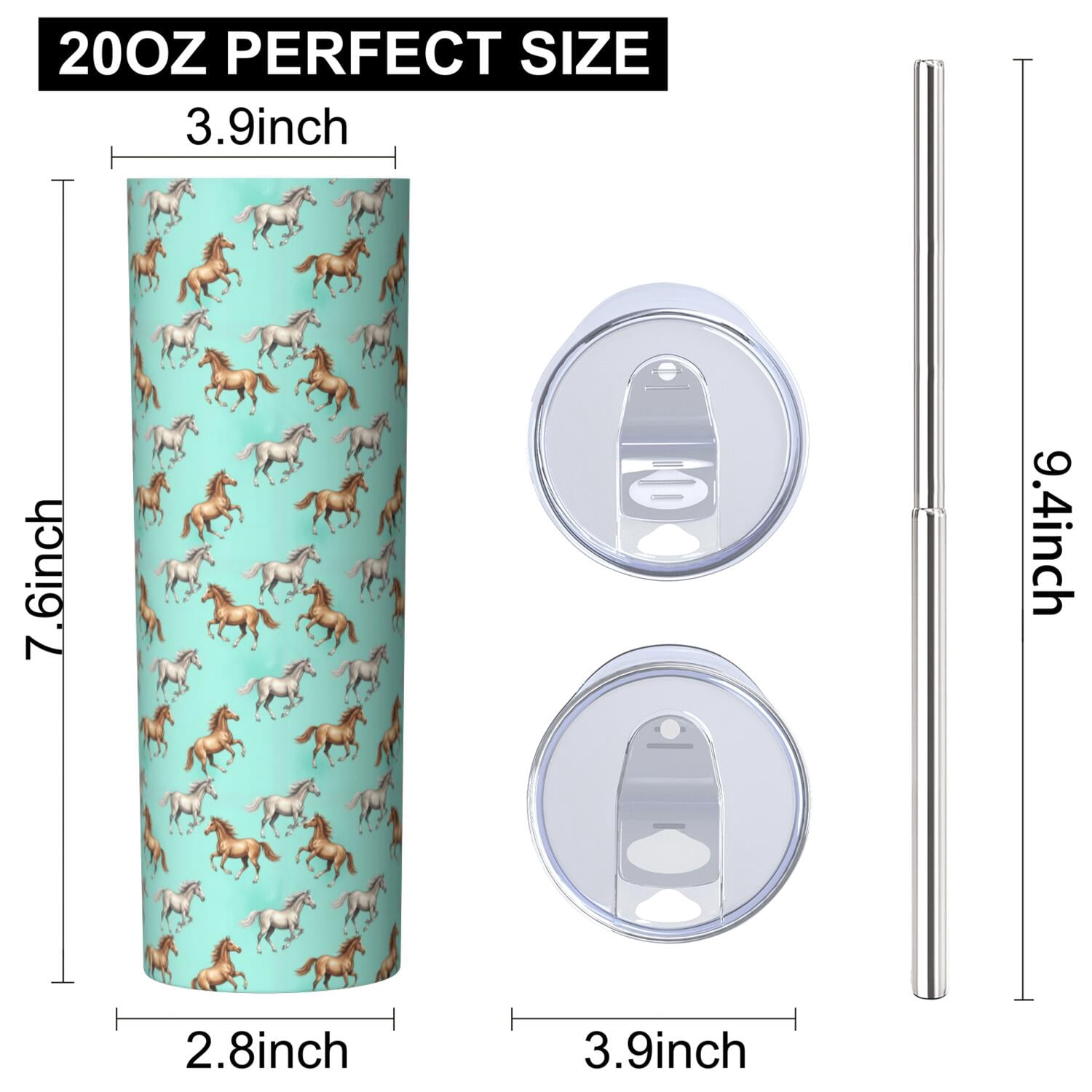 20oz Stainless Steel Skinny Tumbler, Double Wall Travel Mug with Lid and Straw,Horse Colorful Run Light Teal Pattern