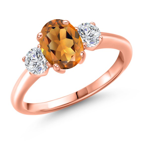 Gem Stone King 1.64 Ct Orange Red Madeira Citrine G/H Lab Grown Diamond 18K Rose Gold Plated Silver Ring