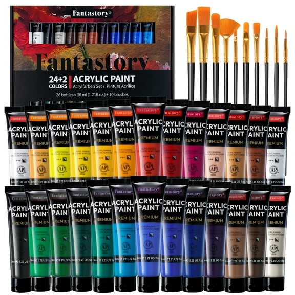 Fantastory Acrylic Paint Set, High Pigment, Quick Dry, Waterproof, 24 Colors with Metallic and White