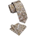 thumbnail image 4 of Cotton Floral Tie for Men 2.5" Printed Skinny Beige Necktie Pocket Square Tie Clip Set Flower Wedding Party Groom Brown, 4 of 6