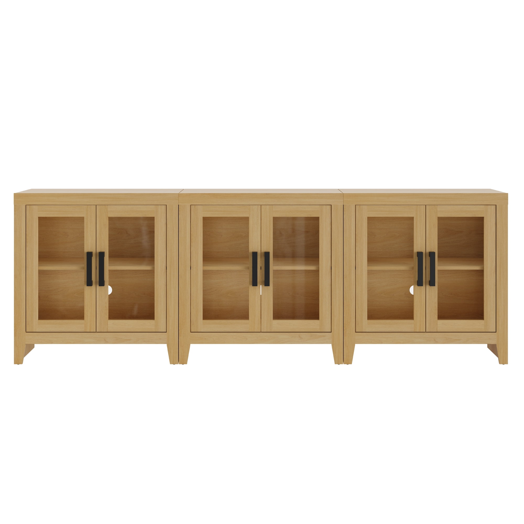 WAMPAT Modern Farmhouse TV Stand up to 100"TV, Entertainment Center with Tempered Glass Doors & Adjustable Shelves, Oak