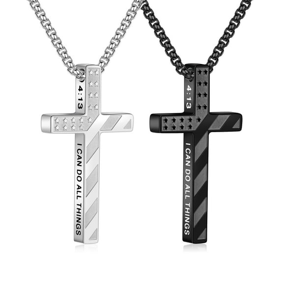 Turandoss 2 Pcs Cross Necklace for Men Boys Silver Black Stainless Steel Bible Verse Chain Pendant American Flag Religious Christian First Easter Jewelry Gift 20 inches for Men Husband