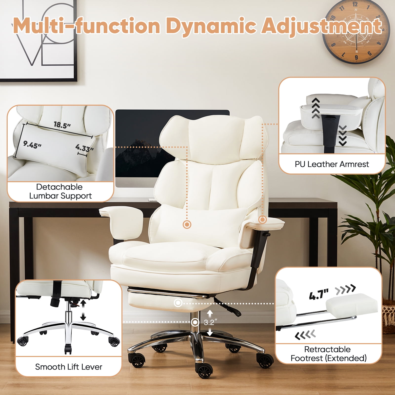 ZUNMOS Home Office High Back Reclining Desk Chair with Footrest, Big and Tall Adjustable Height PU Leather Executive Computer Task Chair with Leg Rest and Lumbar Support, Armrest, White