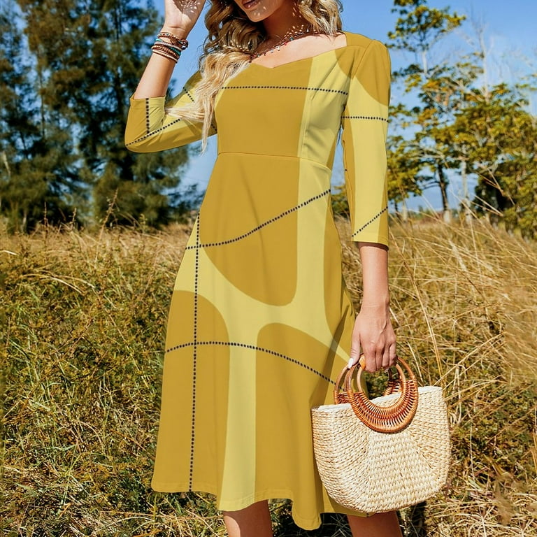 Abstract Mustard Yellow Design Lines Women's Fall Dresses Casual