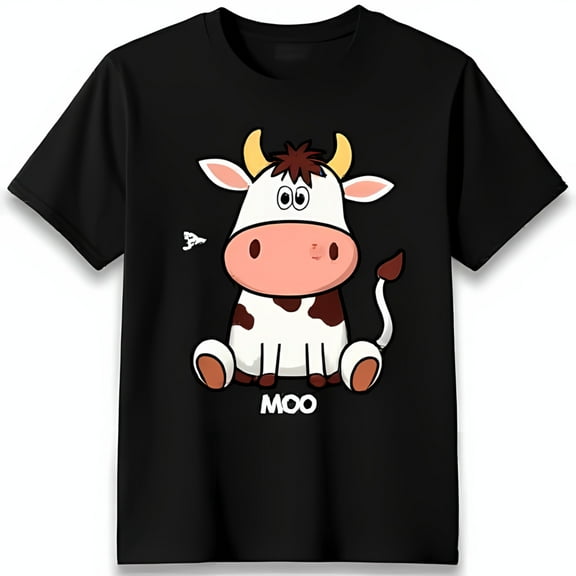 Funny Cartoon Cow Black T-Shirt with 'MOO' Cute White & Brown Spotted Design